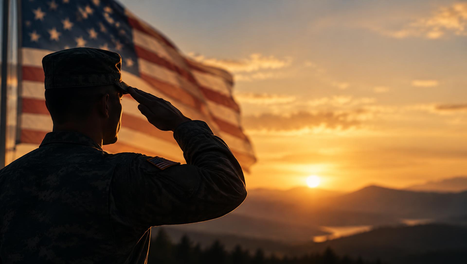 United States veteran saluting the American flag at sunset